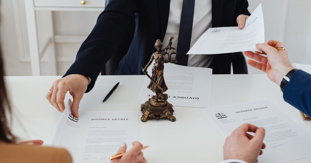 Pessoas analisando documentos de divórcio e partilha de bens