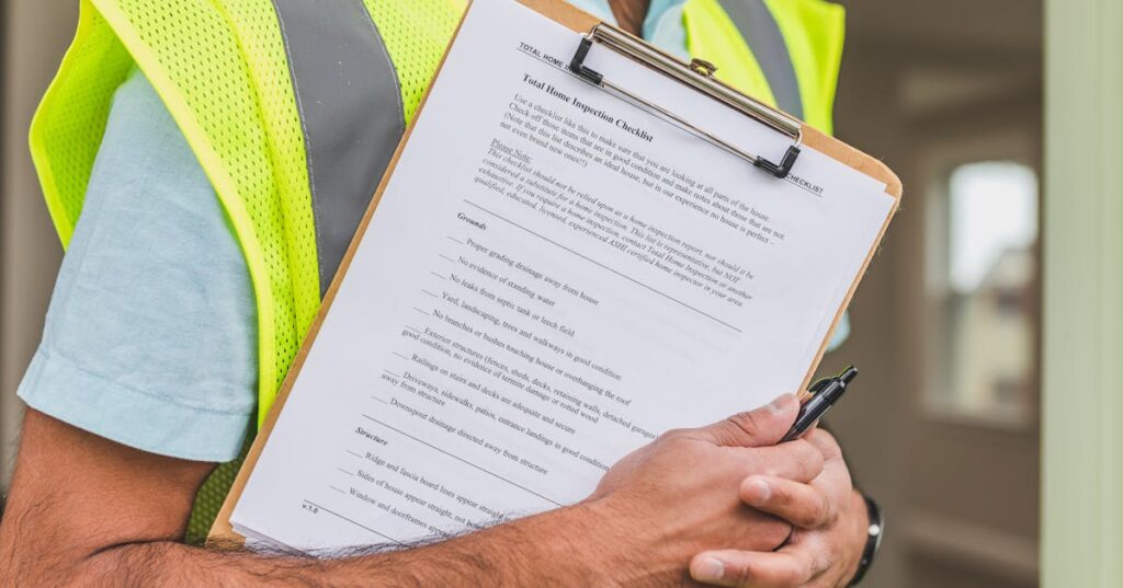 Inspetor com prancheta verificando checklist de vistoria em imóvel novo