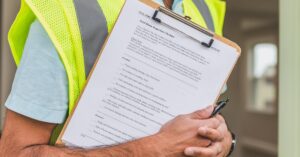 Inspetor com prancheta verificando checklist de vistoria em imóvel novo