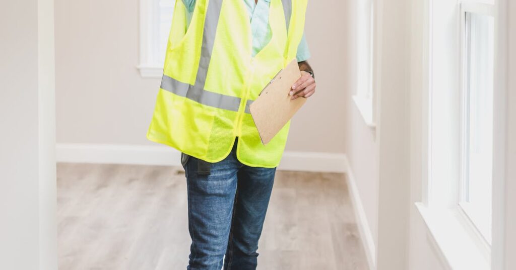 Inspetor avaliando vícios construtivos no interior de um imóvel